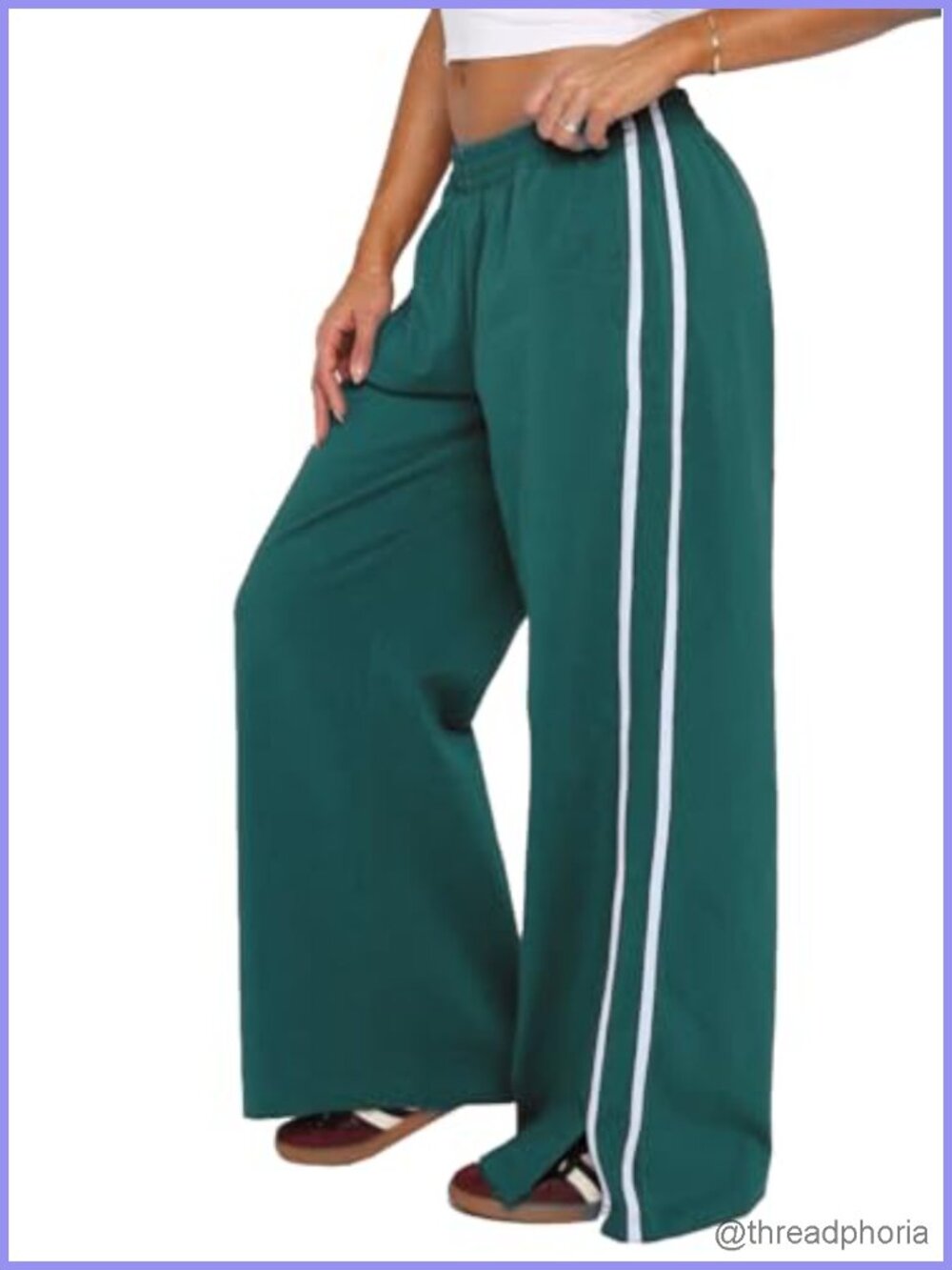 Wide Leg Pants with Elastic Waistband, Side Pockets & Double Stripe